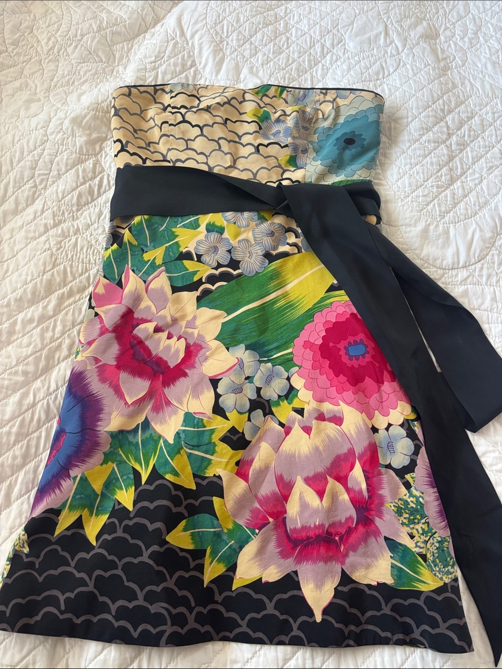 Moulinette Soeurs Strapless Floral Wrap Dress in Black, Pink, Green, Blue